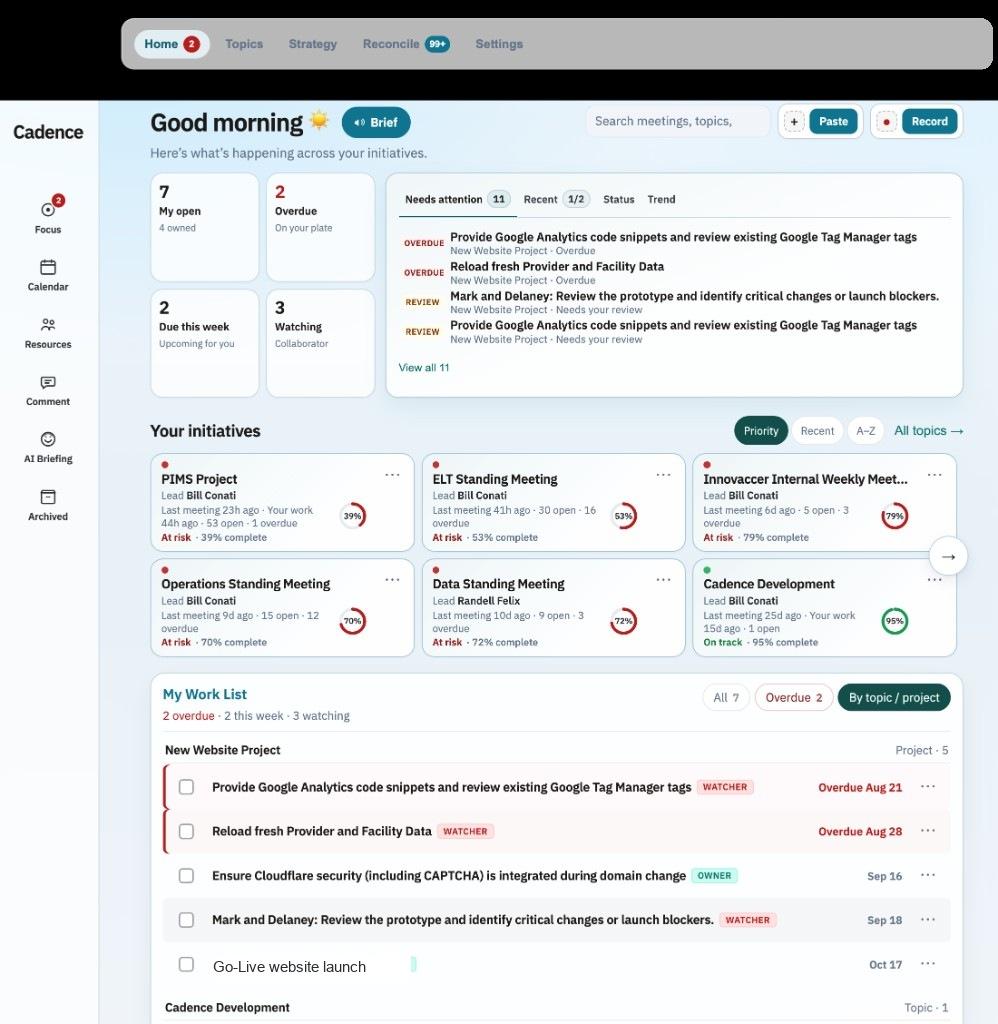 CadenceXL home dashboard