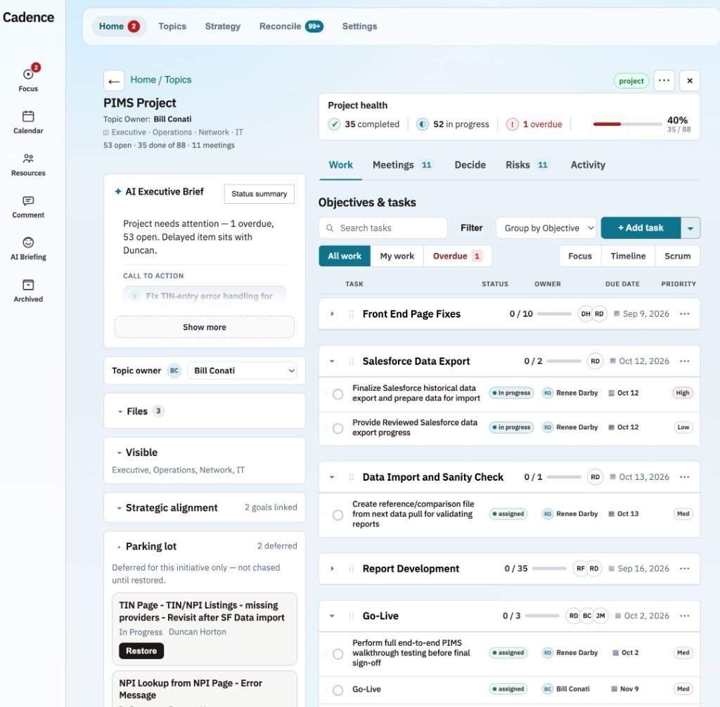 CadenceXL topic view with objectives, tasks, and project health