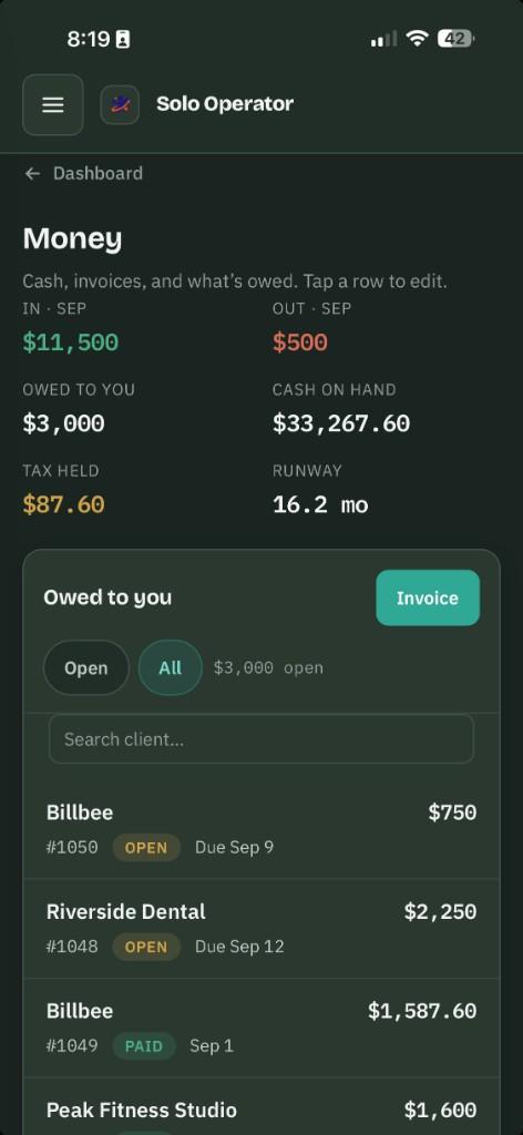 Solo Operator Money screen