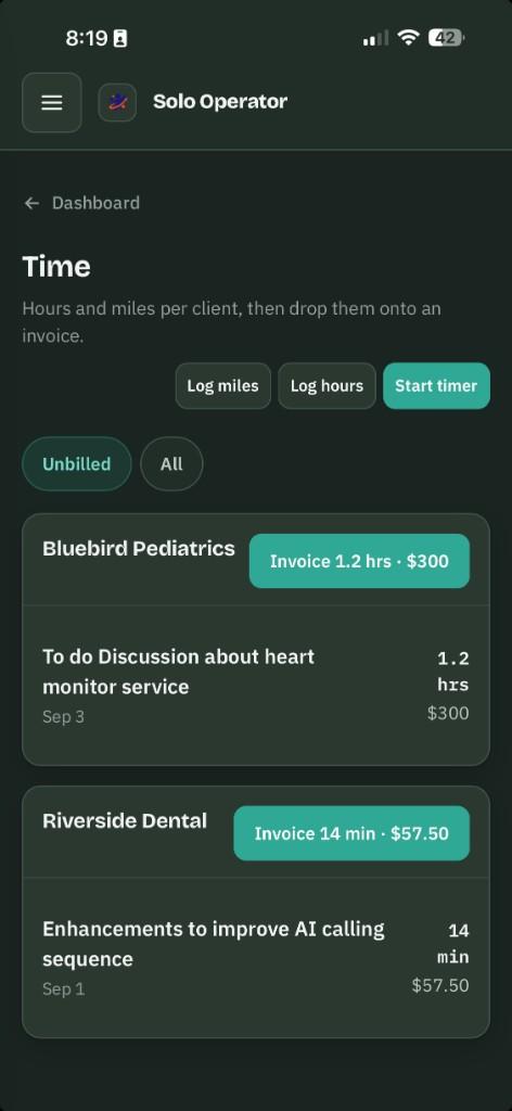 Solo Operator Time screen for hours and miles